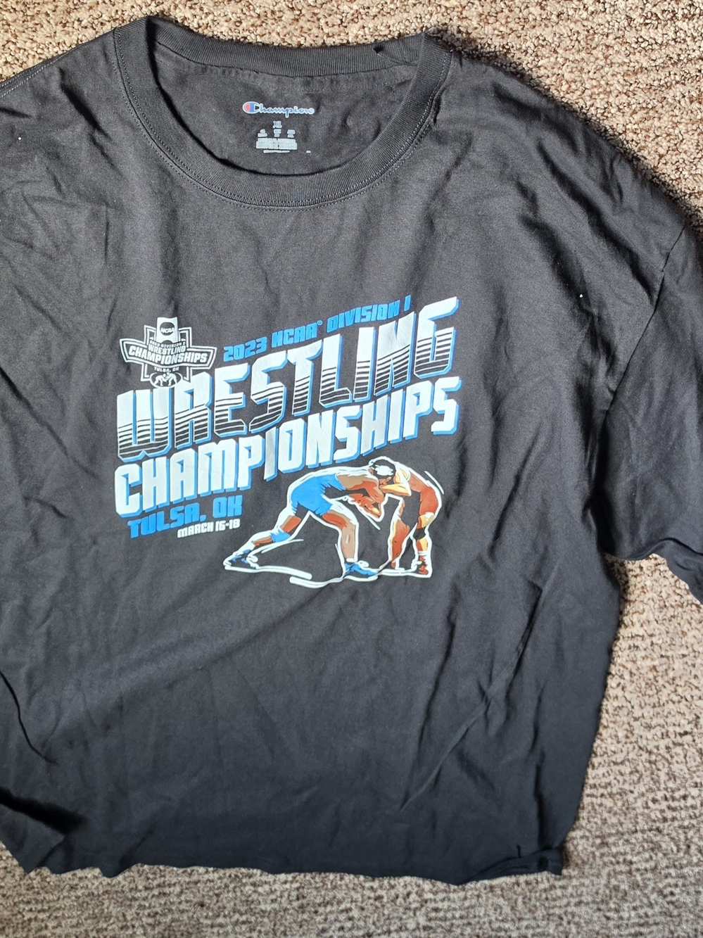 Champion Black Long-Sleeve Wrestling Championships Tee with Blue & White Graphic